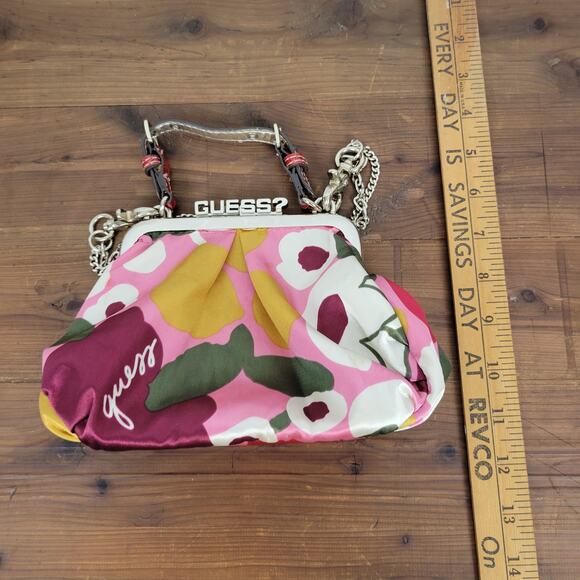 Guess Satin Handbag Small Purple Pink Floral Spell Out Alligator Leopard Chain - Picture 10 of 10
